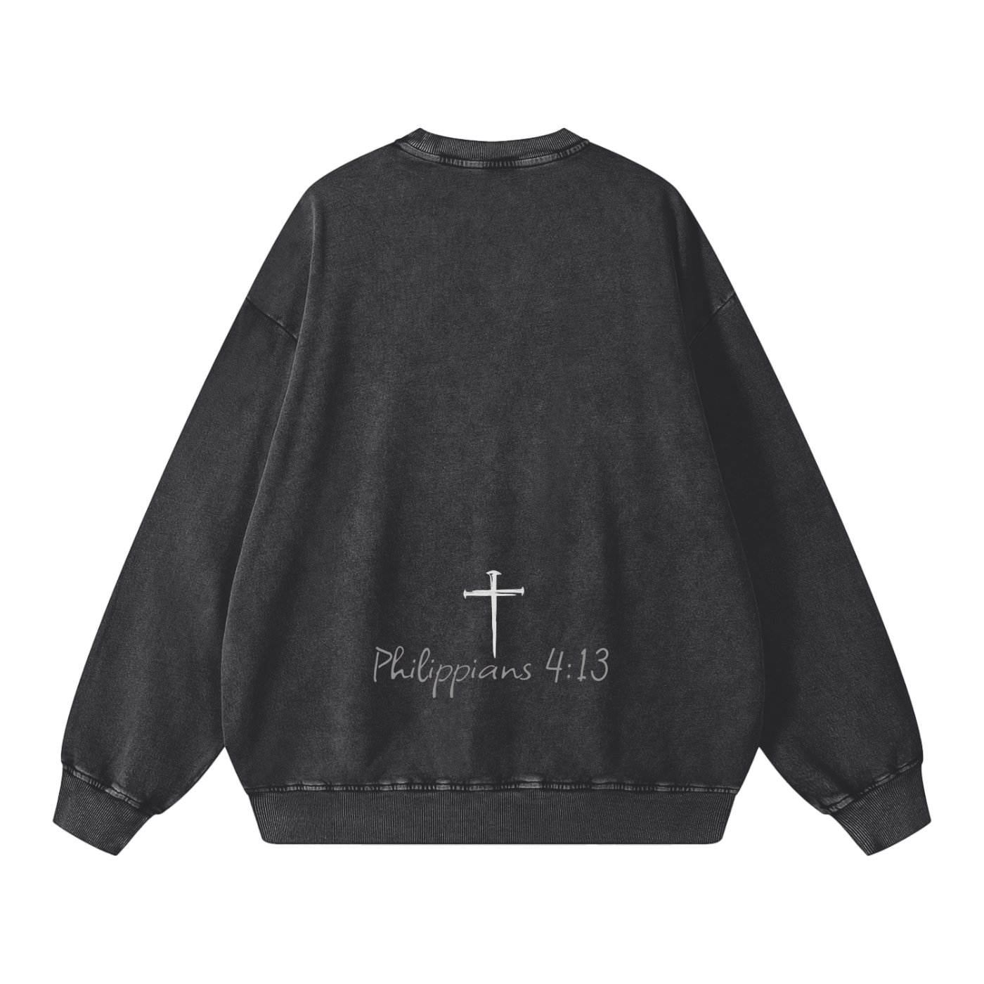 Black sweatshirt with a cross and text on the back against a white background