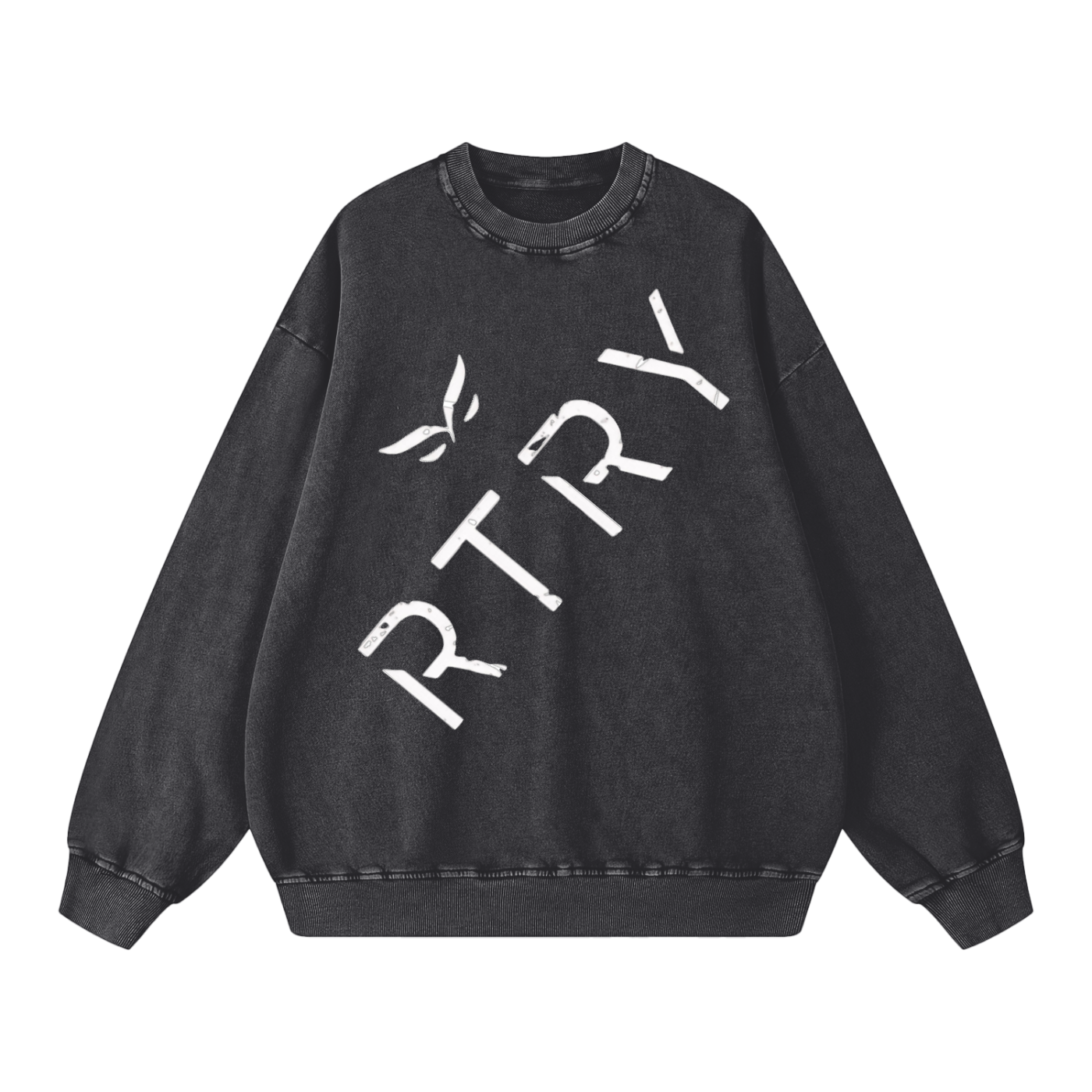 Black sweatshirt with 'RTRY' text on a white background
