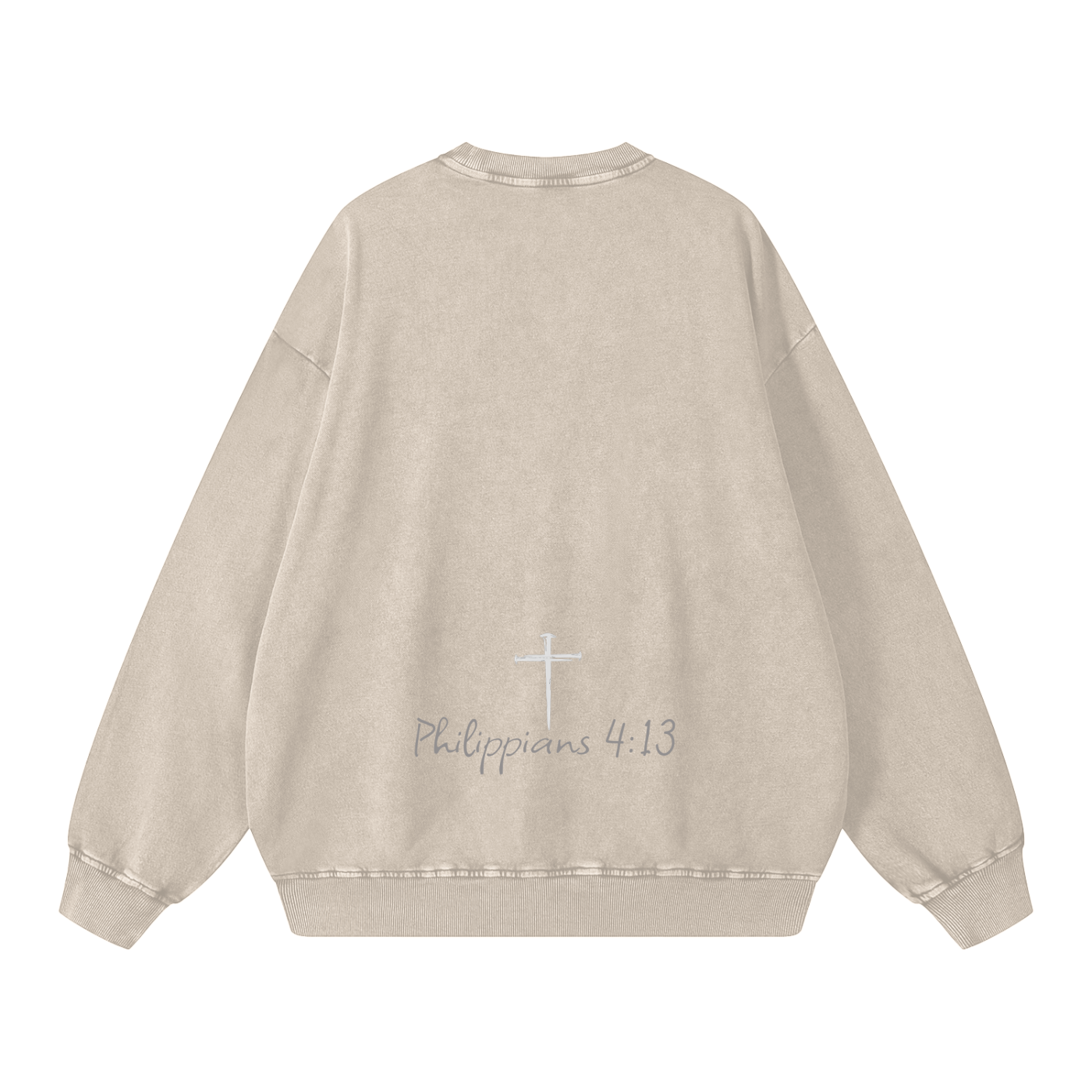 Beige sweatshirt with cross and text on a white background