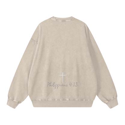 Beige sweatshirt with cross and text on a white background