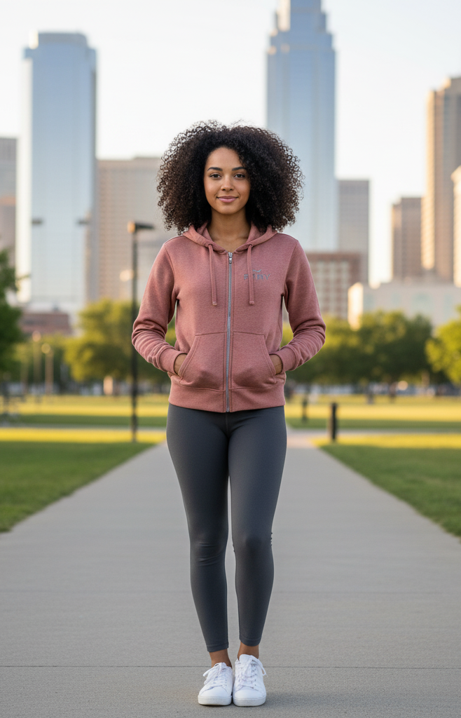 Woman in a pink hoodie and dark leggings standing on a path with a city skyline in the background
