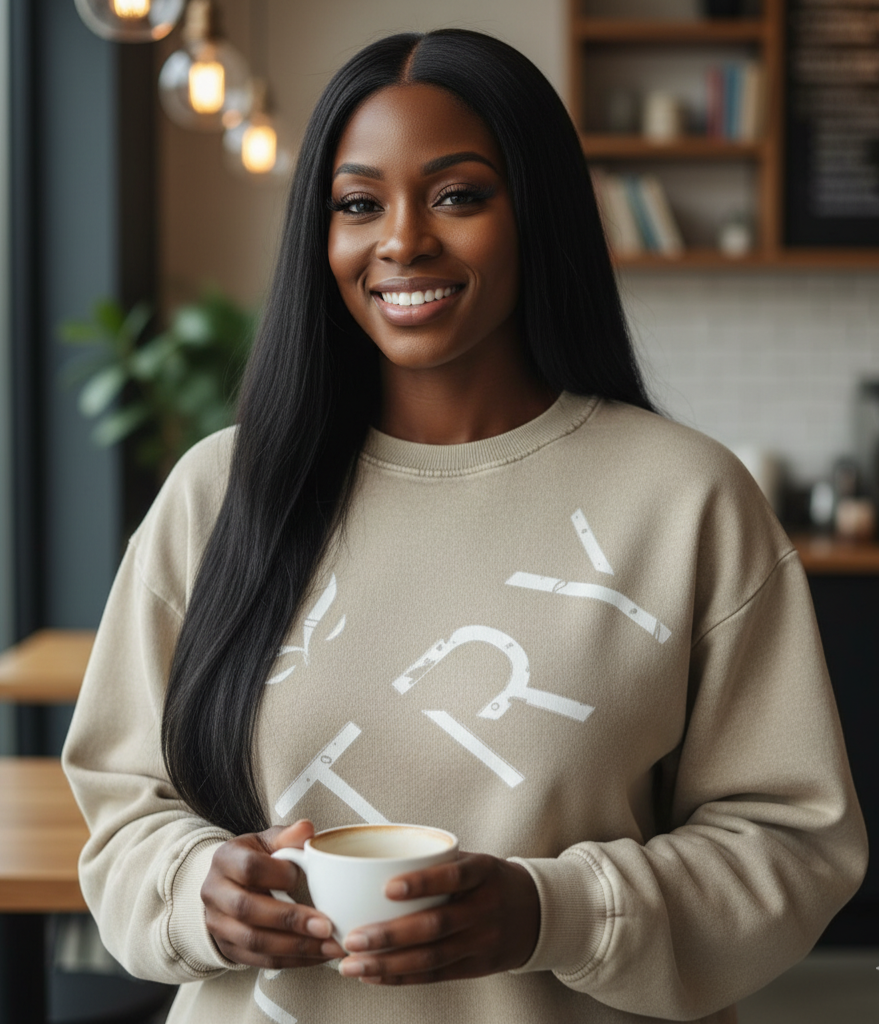 Woman holding a coffee cup in a cozy indoor setting