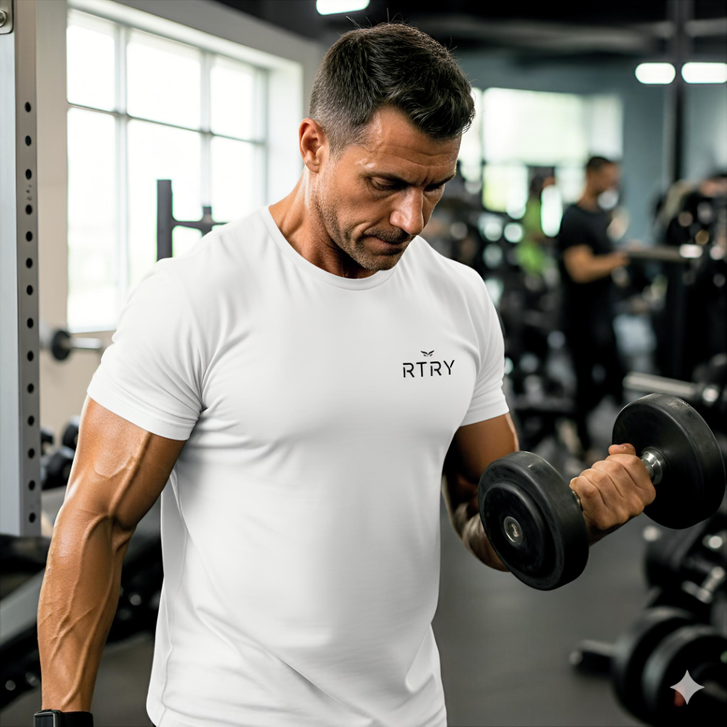 Man lifting a dumbbell in a gym wearing a white t-shirt with 'RTRY' branding.