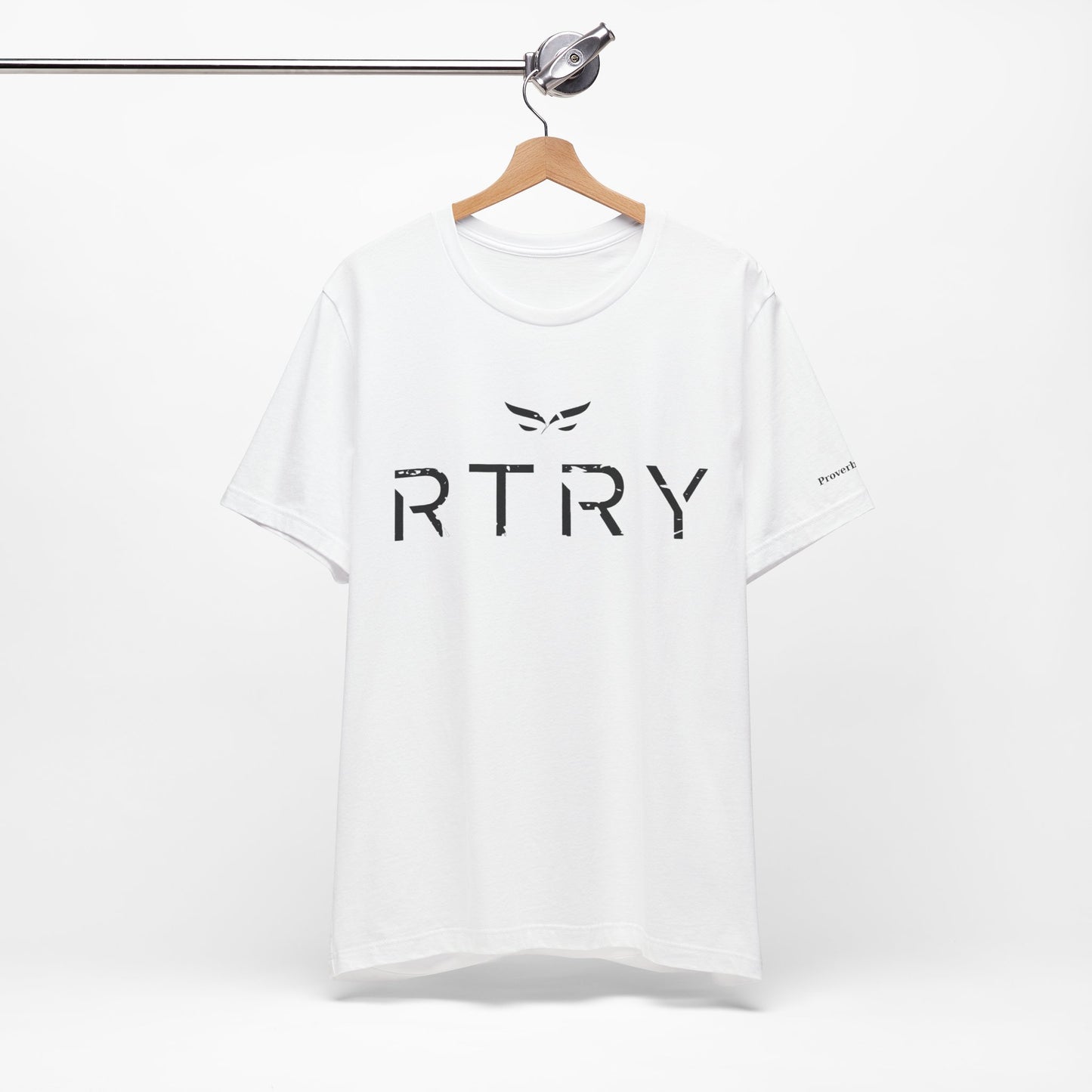 White t-shirt with 'RTRY' logo on a hanger against a white background