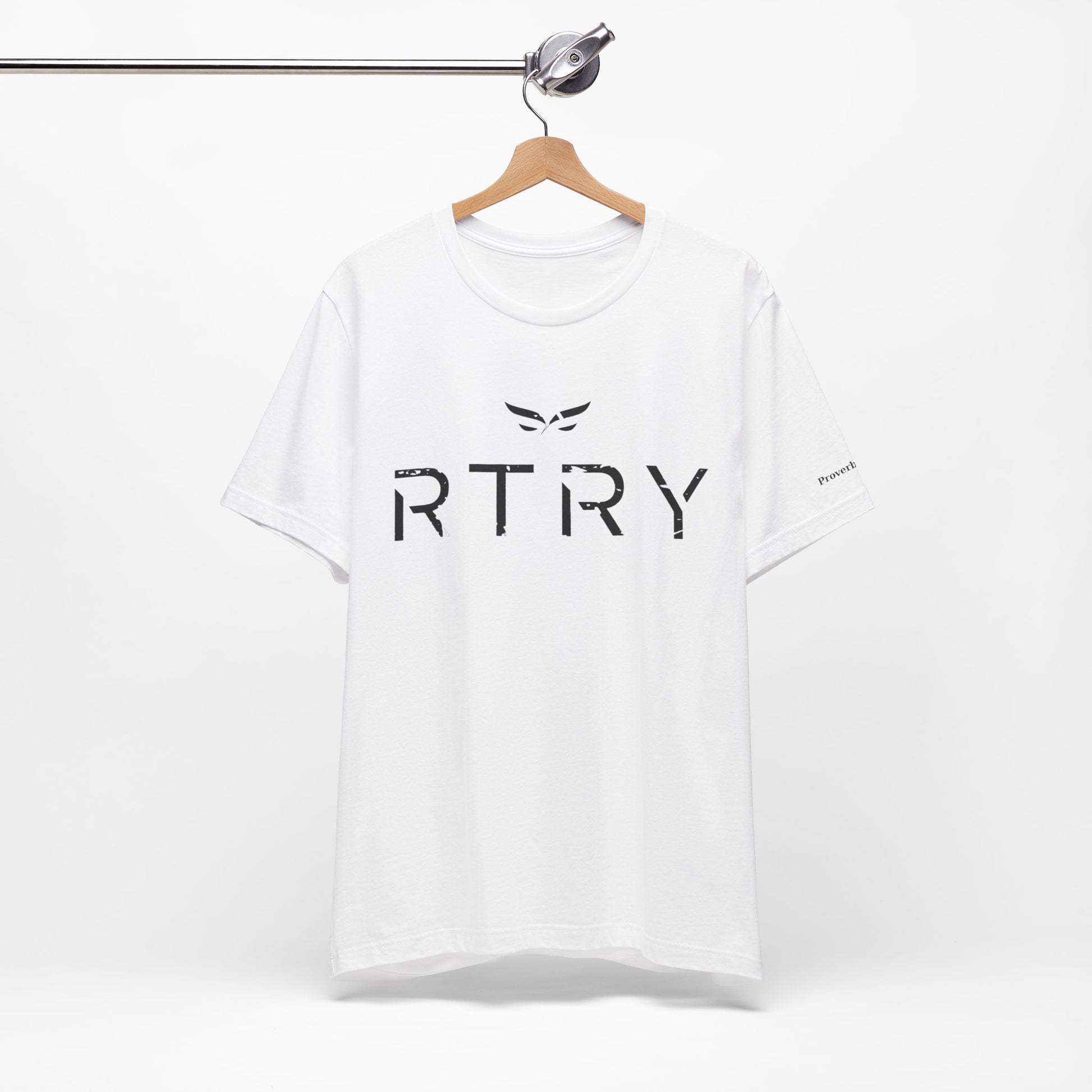 White t-shirt with 'RTRY' logo on a hanger against a white background