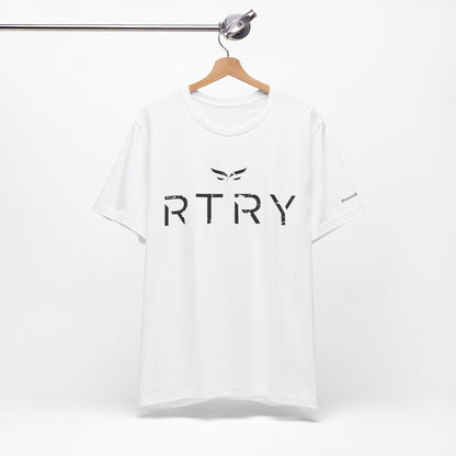 White t-shirt with 'RTRY' logo on a hanger against a white background