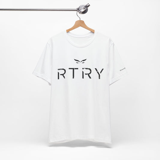 White t-shirt with 'RTRY' logo on a hanger against a white background
