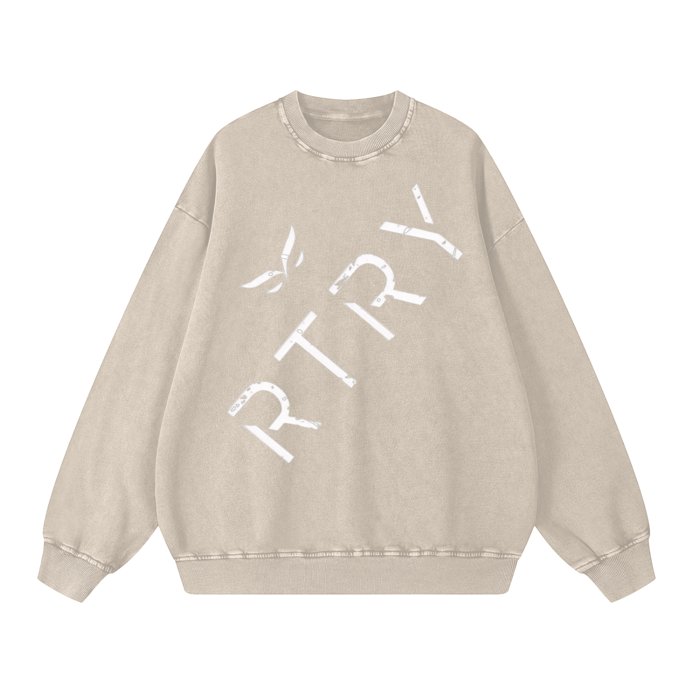 Beige sweatshirt with 'RTRY' text on a white background